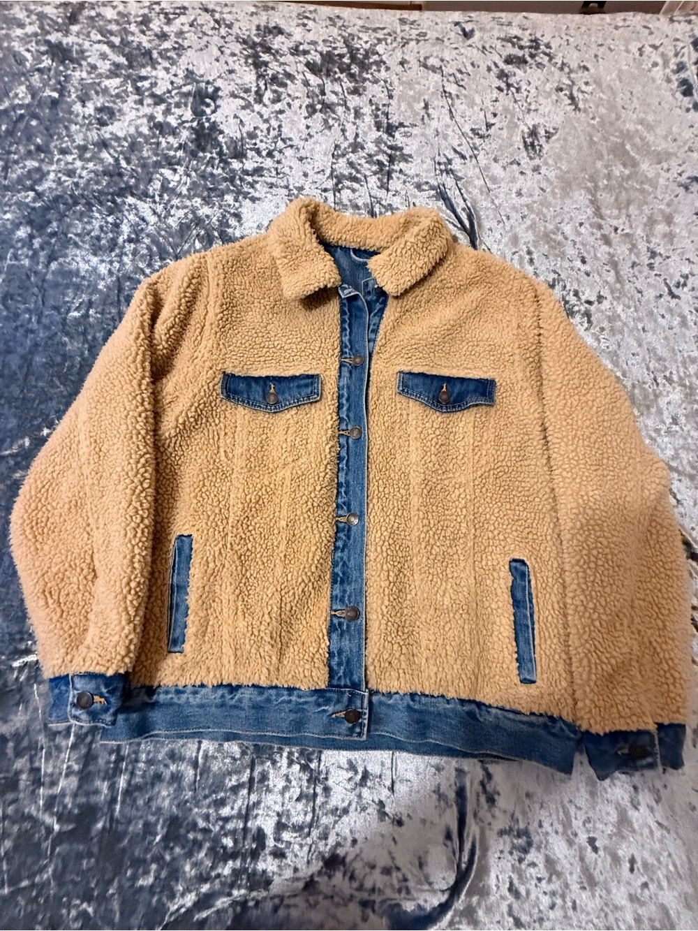 Women  Sherpa Jacket with Denim Trim - Tan